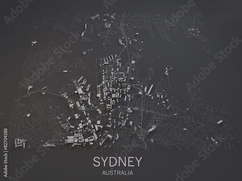Fototapet Cartina di Sydney, Australia, vista satellitare, mappa in 3d