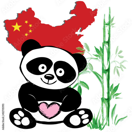 Fototapeta Naklejka Na Ścianę i Meble -  Little  cute panda  with bamboo and Chinese flag