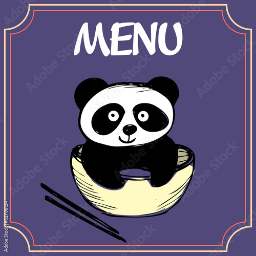 Fototapeta Naklejka Na Ścianę i Meble -  Panda with a plate with chopsticks, menu or banner