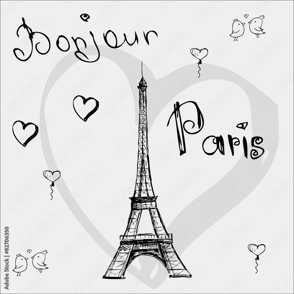 Vector hand drawn illustration with Eiffel tower. Bonjour Paris