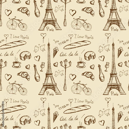 Paris landmarks and icons seamless background,