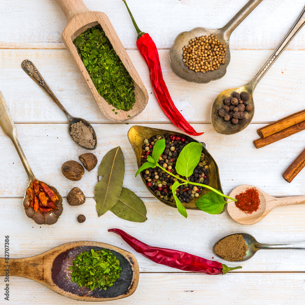 spoons with herbs and spices 