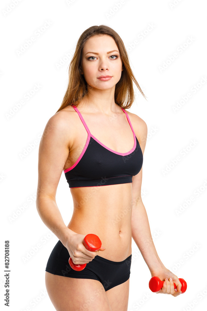 Beautiful sport woman with dumbbells doing sport exercise, isola Beautiful sport woman with dumbbells doing sport exercise, isola