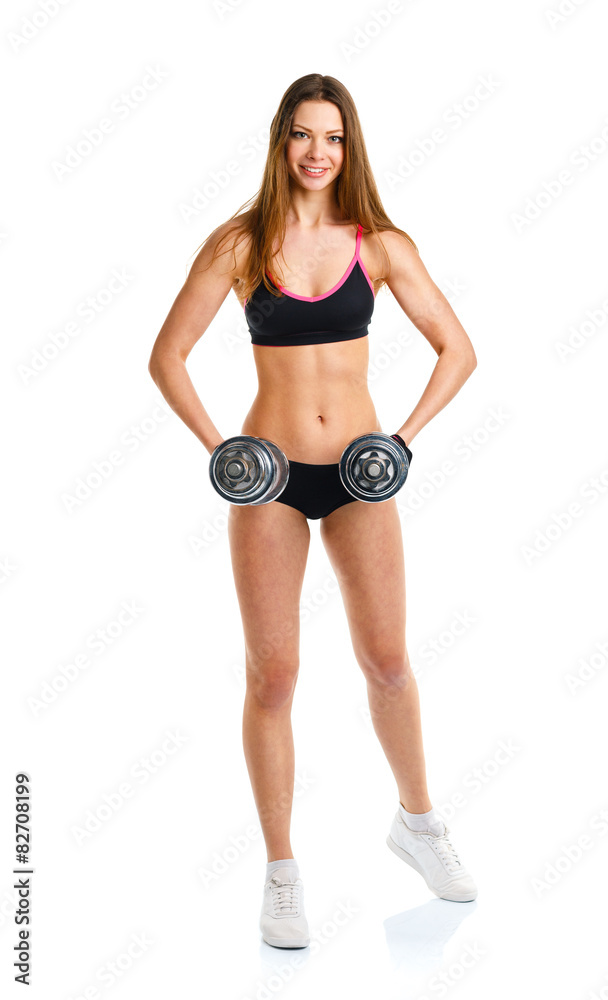 Beautiful sport woman with dumbbells doing sport exercise, isola Beautiful sport woman with dumbbells doing sport exercise, isola