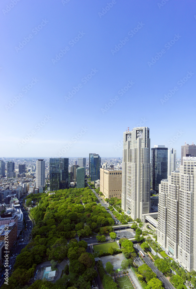 Fototapeta premium 東京都庁と新宿高層ビル群 快晴青空 新緑