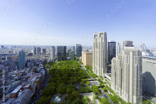 東京都庁と新宿高層ビル群 快晴青空 新緑