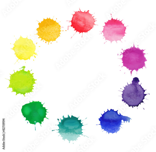 Vector round frame made of watercolor rainbow blobs drops.  