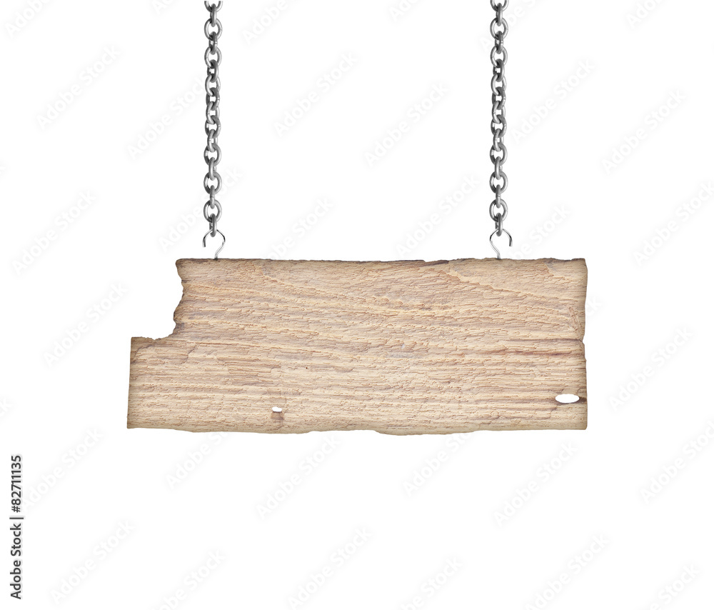 Wooden sign hanging on a chain isolated on white Wooden sign hanging on a chain isolated on white