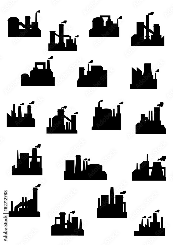 Industrial factories and refineries icon set
