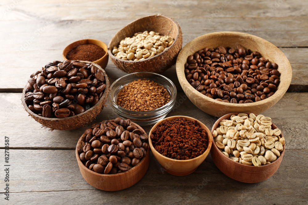 Various of coffee in small dishes on wooden background Various of coffee in small dishes on wooden background