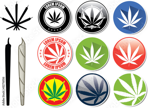 Vector set of marijuana and cannabis buttons, icons, logos