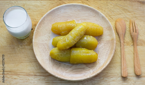 The yellow soft boiled banana sweet thai dessert