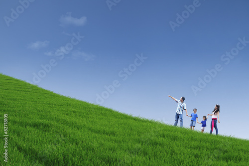 Happy family walk on green field and hold hands