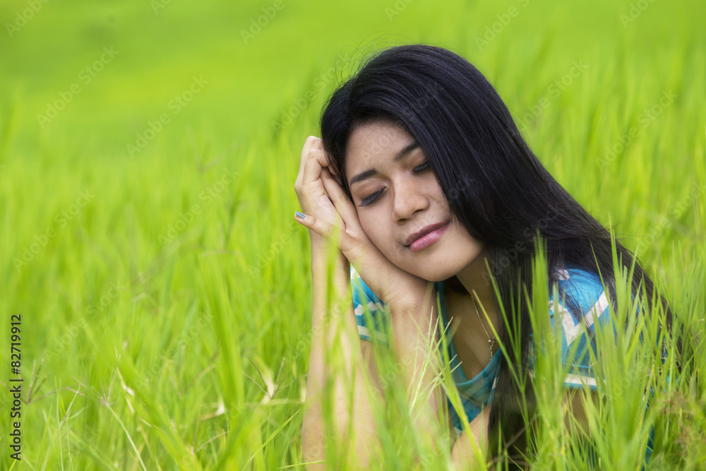 Beautiful woman imagine sweet dream on meadow Beautiful woman imagine sweet dream on meadow