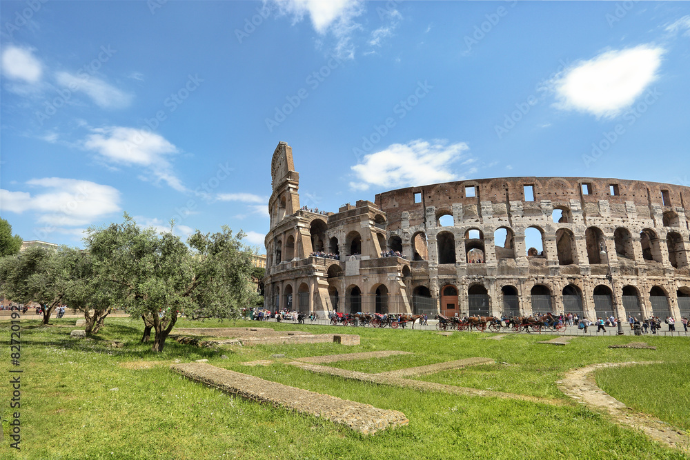 The ancient Colosseum in Rome on a beautiful sunny day
