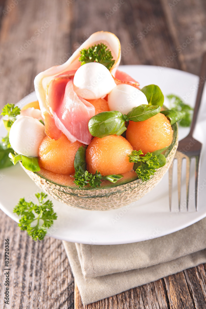 salad with melon,prosciutto and mozzarella salad with melon,prosciutto and mozzarella