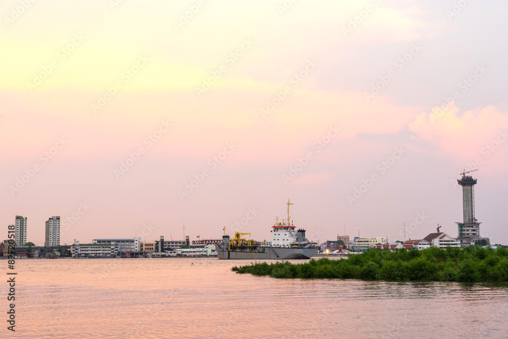 Chao Phraya river outflow under evening sky