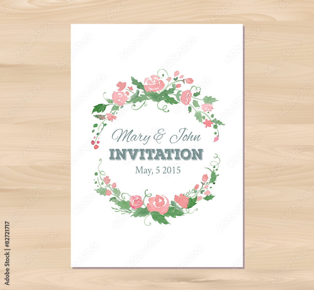 Vector wedding invitation with watercolor flowers and typographi