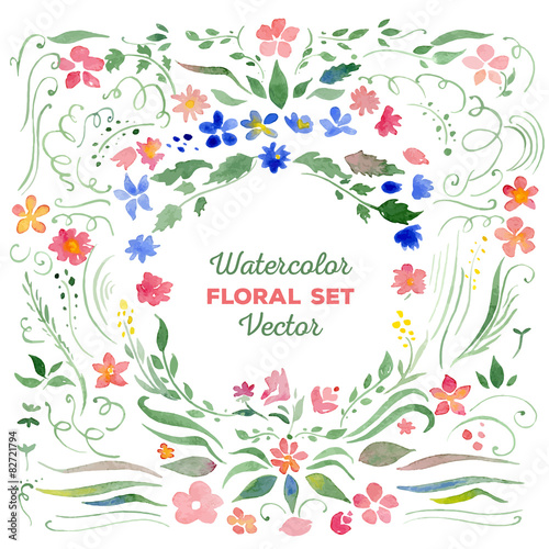 Floral set - vector watercolor illustration. Flowers, leaves, sw