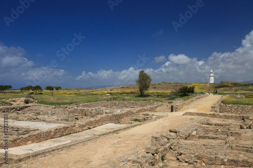 View of the archaeological park in Paphos, Cyprus. Ruins and lighthouse