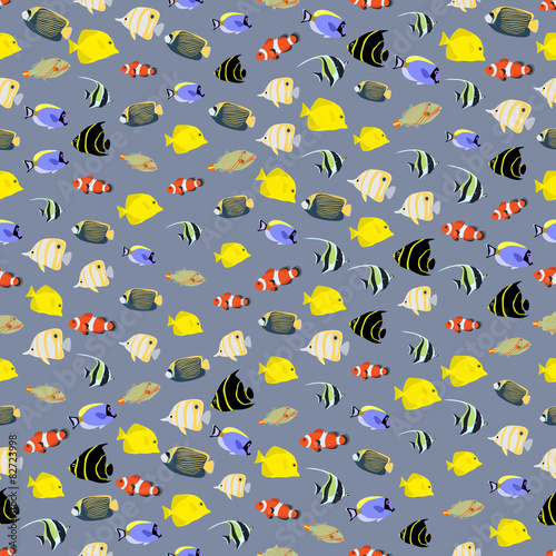 Seamless colorful background made of different exotic fish  in f photo
