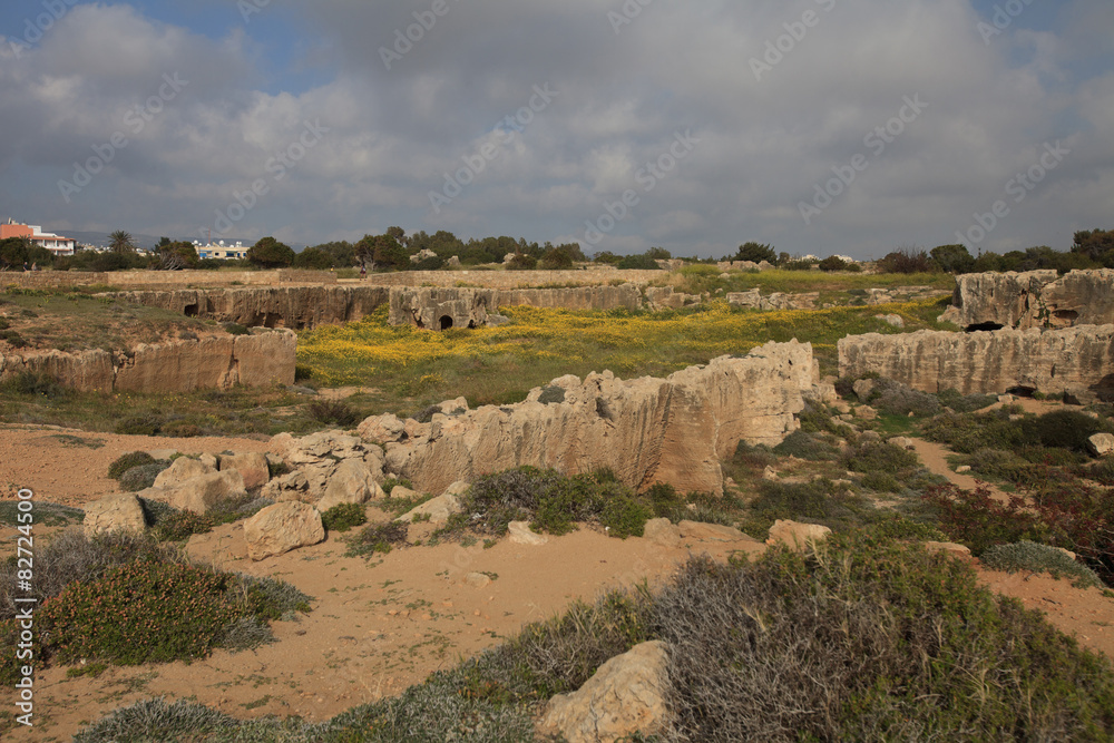 View of the ruins of the tombs of the kings of pathos. Cyprus
