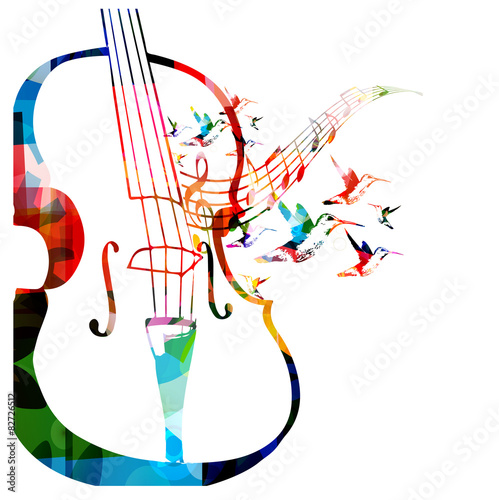 Colorful violoncello design with hummingbirds