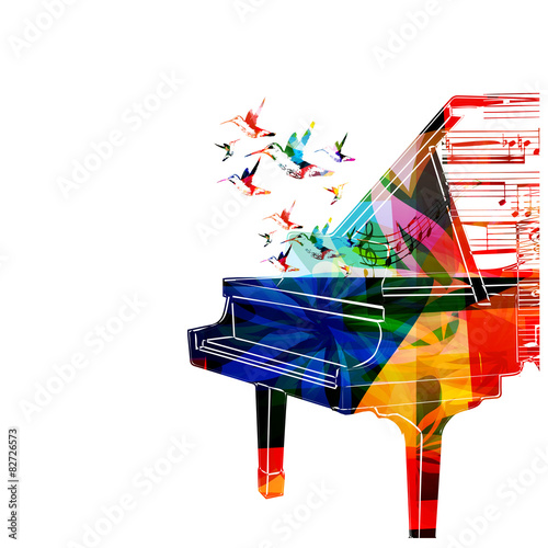 Colorful piano design with hummingbirds