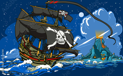 Pirate&apos;s Ship Sailing to the Skull Island
