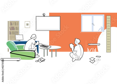 Game console. 2 friends playing video games. Vector
