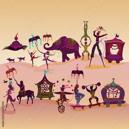 colorful circus caravan traveling
