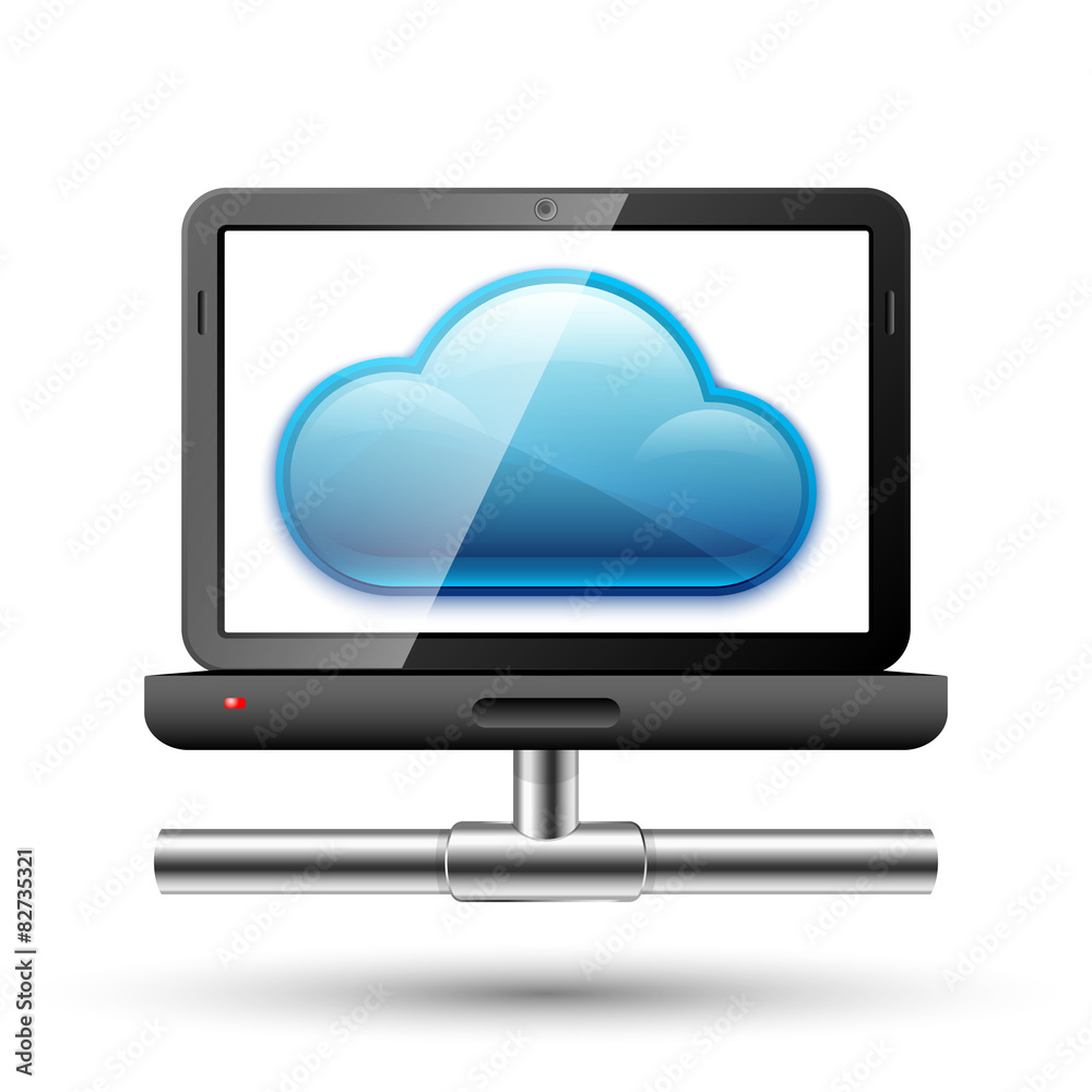 Icon of a laptop with a network connection and cloud on a screen Icon of a laptop with a network connection and cloud on a screen