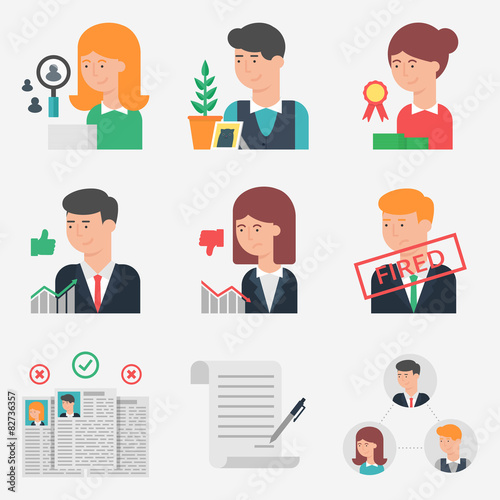 Set of flat style vector human resources icons. Management, recr