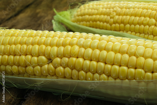 Large, mature, young corn on the wooden background photo