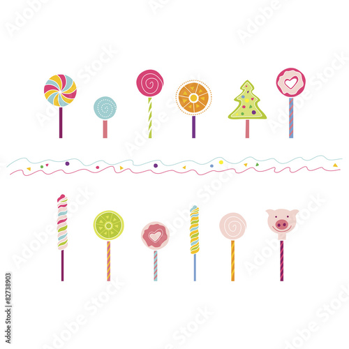 Lollipops flat illustration for holiday design. Sweetie elements set. Love concept. Vector sweet illustrations. Bright sweet color. Top view. Sweet Dessert. Candy drawings.