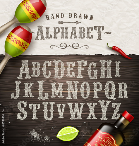 Hand drawn vintage alphabet - old mexican signboard style font
