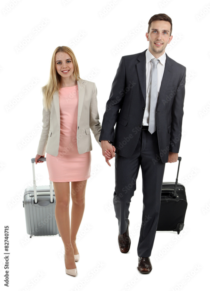 Portrait of young happy couple with baggage isolated on white Portrait of young happy couple with baggage isolated on white