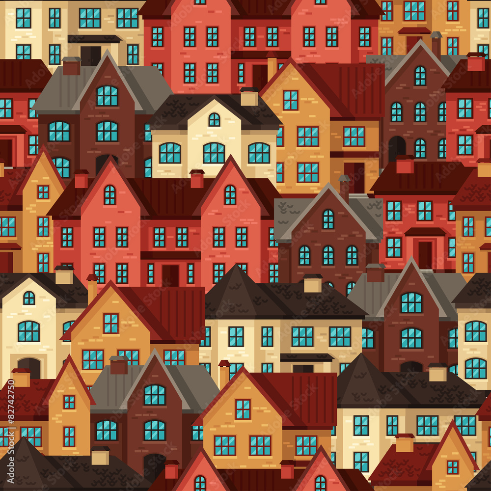 Town seamless pattern with cottages and houses