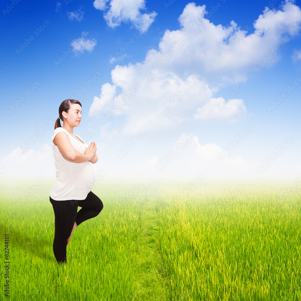 Pregnant yoga in field of spring grass against blue sky with clo Pregnant yoga in field of spring grass against blue sky with clo