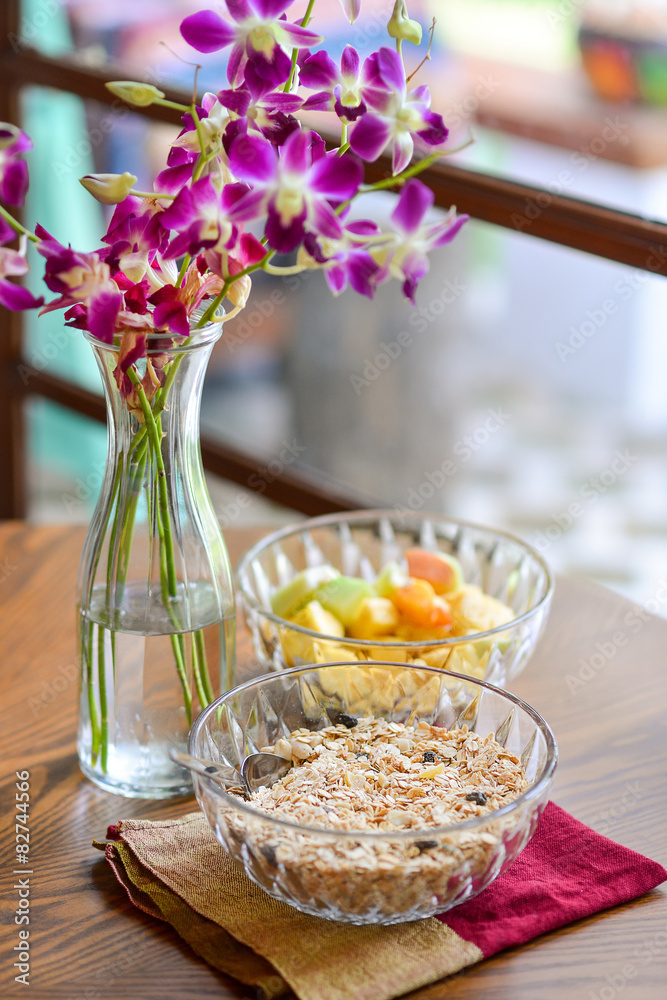 Homemade granola on wood table Homemade granola on wood table
