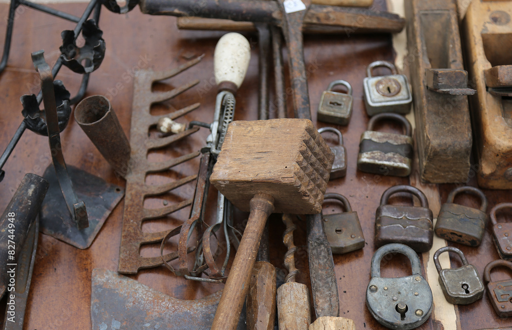 hammer and rusty padlocks and planers in the workshop of flea ma hammer and rusty padlocks and planers in the workshop of flea ma