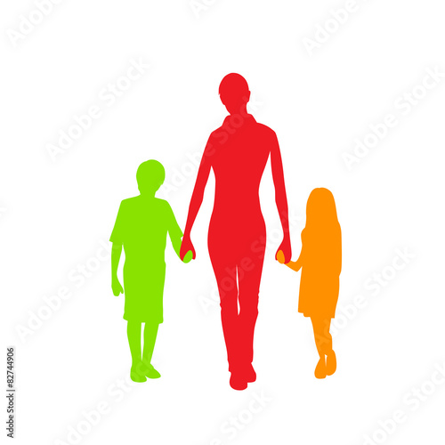 Family Silhouette Mother with Two Kids Holding Hands photo