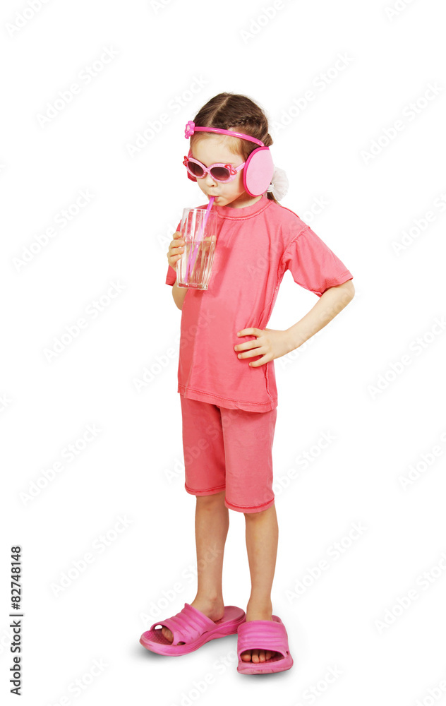 Little cute girl wearing pink clothes is drinking water Little cute girl wearing pink clothes is drinking water