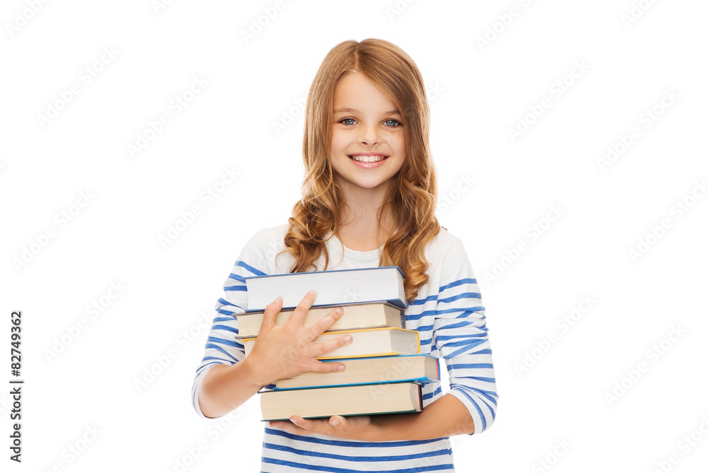 little student girl with many books little student girl with many books