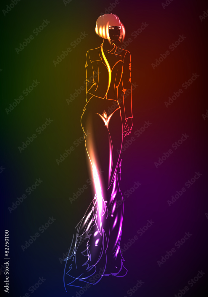 Hand-drawn fashion model from a neon. A light girl's