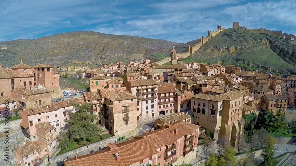 Aerial shot of Medieval town with houses Albarracin Aerial shot of Medieval town with houses Albarracin