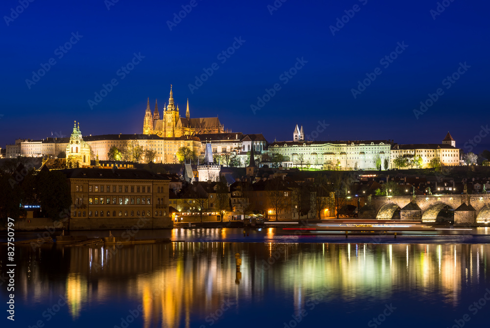 view of Charles Bridge, Prague Castle, Vltava river in Prague. 