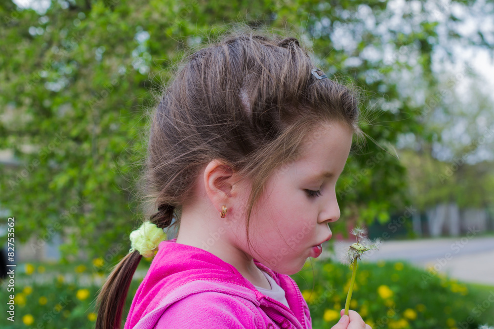 cheerful kid girl with a dandelions cheerful kid girl with a dandelions