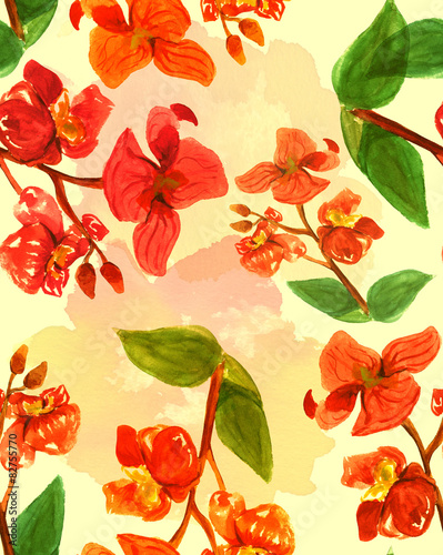 Seamless watercolour orchids pattern, golden-toned