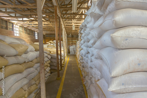 Stack of bags with coffee beans at warehouse © dmitriy_rnd